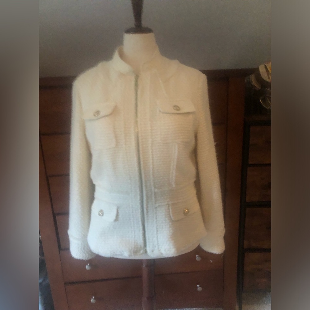 INC International Concepts Cream Bouclé Zip-Front Jacket